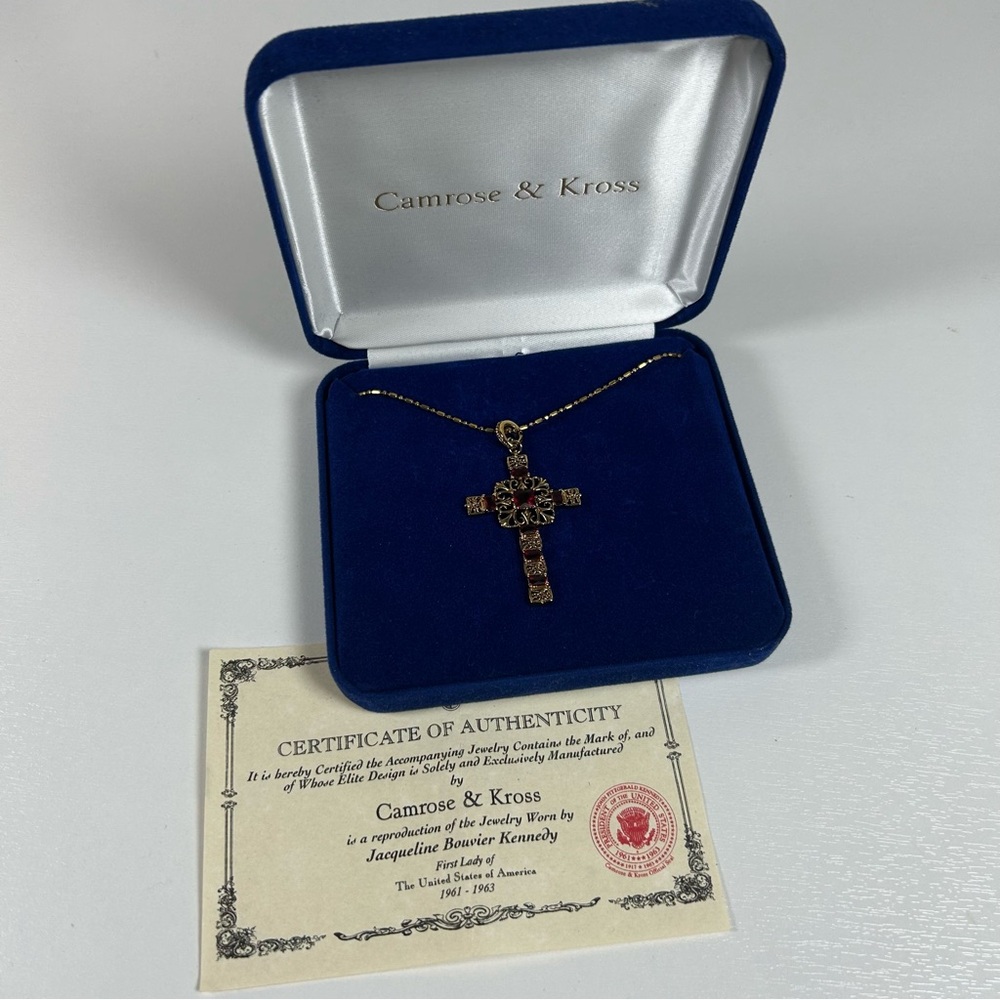 Camrose & Kross Jacqueline Kennedy Simulated RUBY GOLD CROSS Pendant Necklace